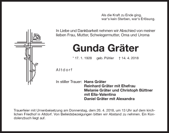 Traueranzeige von Gunda Gräter von Der Bote