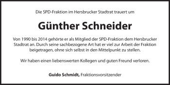 Traueranzeige von Günther Schneider von Hersbrucker Zeitung