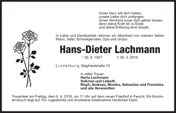 Traueranzeige von Hans-Dieter Lachmann von Der Bote