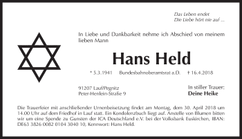 Traueranzeige von Hans Held von Pegnitz-Zeitung