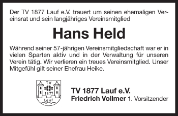 Traueranzeige von Hans Held von Pegnitz-Zeitung