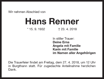 Traueranzeige von Hans Renner von Der Bote