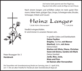 Traueranzeige von Heinz Langer von Hersbrucker Zeitung