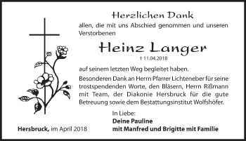 Traueranzeige von Heinz Langer von Hersbrucker Zeitung