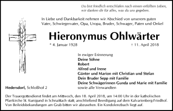 Traueranzeige von Hieronymus Ohlwärter von Pegnitz-Zeitung