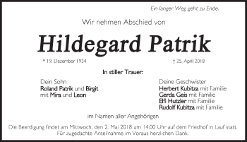 Traueranzeige von Hildegard Patrik von Pegnitz-Zeitung