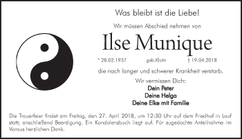 Traueranzeige von Ilse Munique von Pegnitz-Zeitung