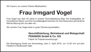 Traueranzeige von Irmgard Vogel von Pegnitz-Zeitung