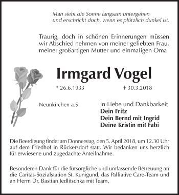 Traueranzeige von Irmgard Vogel von Pegnitz-Zeitung