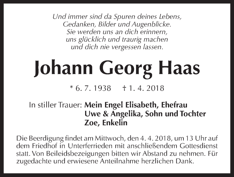  Traueranzeige für Johann Georg Haas vom 03.04.2018 aus Der Bote