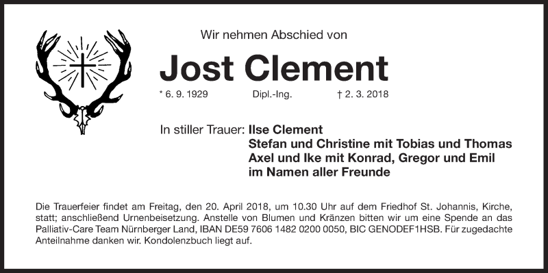  Traueranzeige für Jost Clement vom 14.04.2018 aus Der Bote