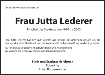 Traueranzeige von Jutta Lederer von Hersbrucker Zeitung