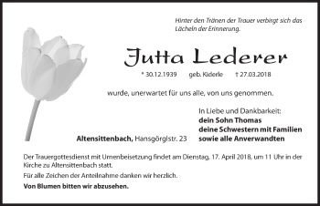 Traueranzeige von Jutta Lederer von Hersbrucker Zeitung