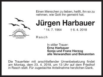 Traueranzeige von Jürgen Harbauer von Der Bote
