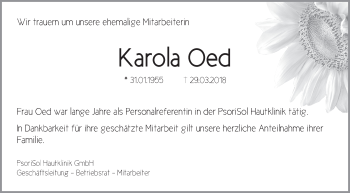 Traueranzeige von Karola Oed von Hersbrucker Zeitung