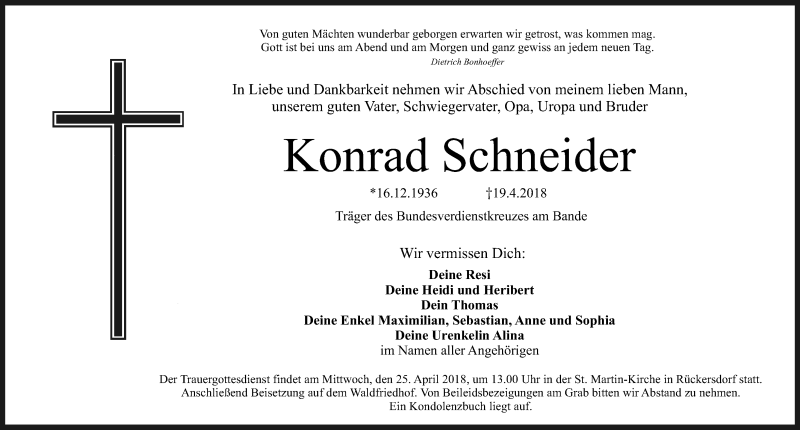  Traueranzeige für Konrad Schneider vom 21.04.2018 aus Pegnitz-Zeitung