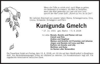 Traueranzeige von Kunigunda Gmelch von Der Bote