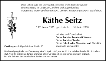 Traueranzeige von Käthe Seitz von Pegnitz-Zeitung