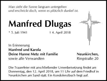 Traueranzeige von Manfred Dlugas von Pegnitz-Zeitung