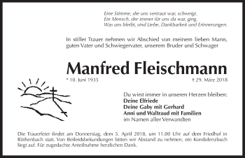 Traueranzeige von Manfred Fleischmann von Pegnitz-Zeitung