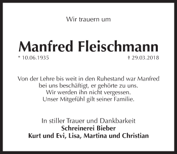 Traueranzeige von Manfred Fleischmann von Pegnitz-Zeitung