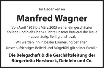 Traueranzeige von Manfred Wagner von Hersbrucker Zeitung