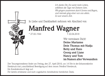 Traueranzeige von Manfred Wagner von Hersbrucker Zeitung
