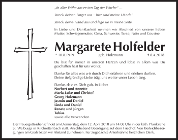 Traueranzeige von Margarete Holfelder von Pegnitz-Zeitung