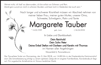 Traueranzeige von Margarete Tauber von Hersbrucker Zeitung