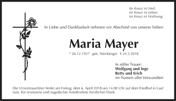 Traueranzeige von Maria Mayer von Pegnitz-Zeitung