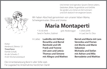 Traueranzeige von Maria Montaperti von Hersbrucker Zeitung
