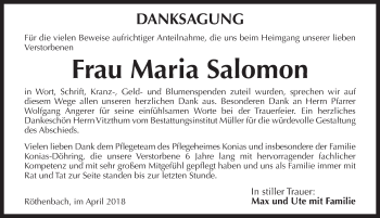 Traueranzeige von Maria Salomon von Pegnitz-Zeitung
