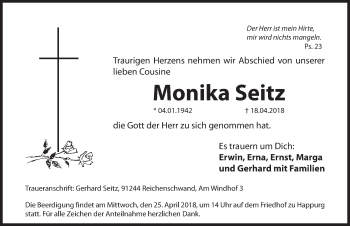 Traueranzeige von Monika Seitz von Hersbrucker Zeitung