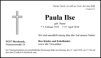 Traueranzeige von Paula Ilse von Hersbrucker Zeitung