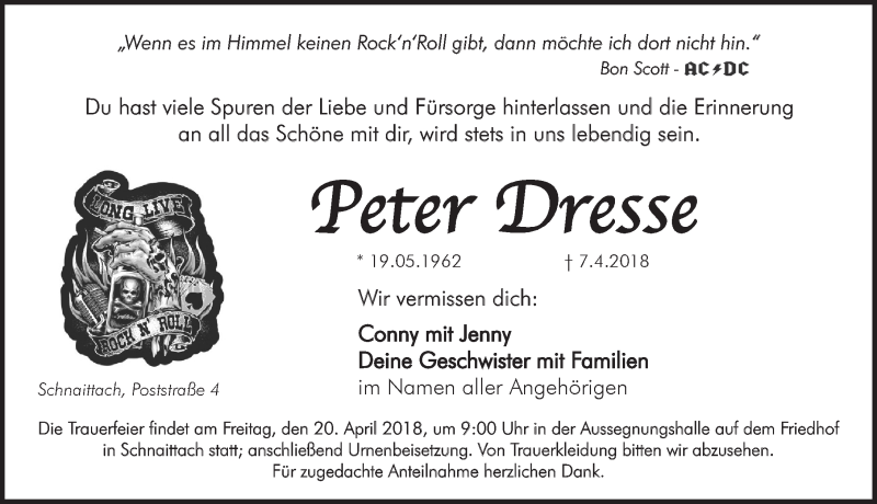  Traueranzeige für Peter Dresse vom 18.04.2018 aus Pegnitz-Zeitung