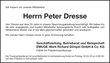 Traueranzeige von Peter Dresse von Pegnitz-Zeitung