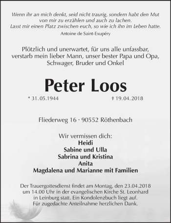 Traueranzeige von Peter Loos von Pegnitz-Zeitung