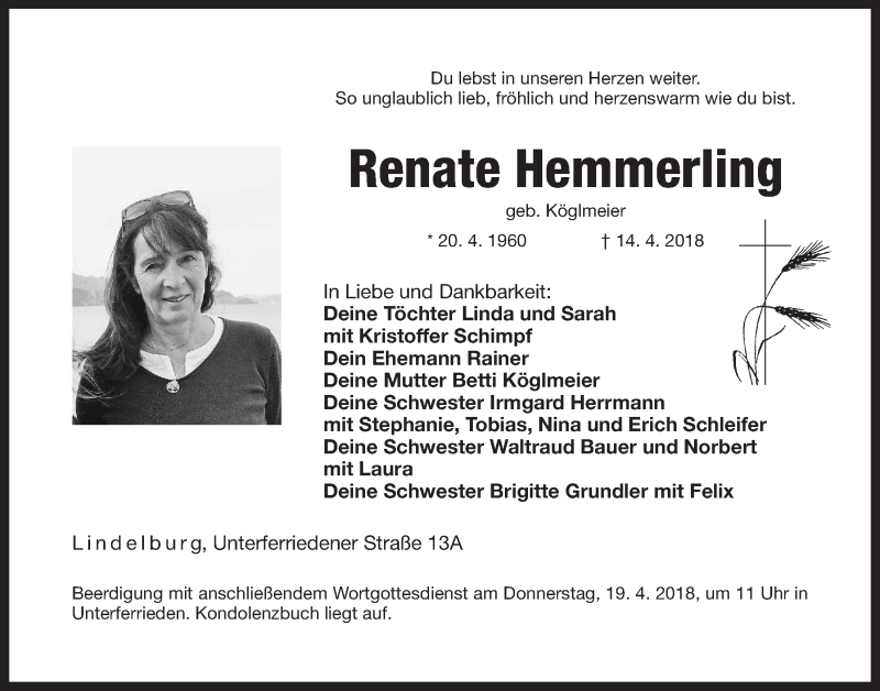  Traueranzeige für Renate Hemmerling vom 17.04.2018 aus Der Bote