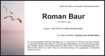 Traueranzeige von Roman Baur von Pegnitz-Zeitung