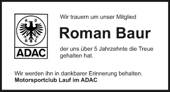 Traueranzeige von Roman Baur von Pegnitz-Zeitung