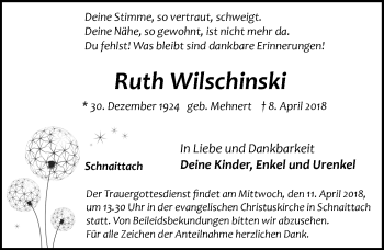Traueranzeige von Ruth Wilschinski von Pegnitz-Zeitung