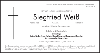 Traueranzeige von Siegfried Weiß von Hersbrucker Zeitung