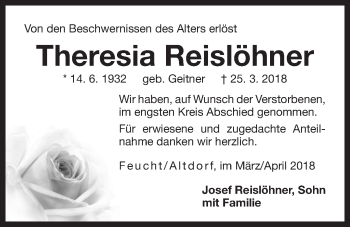 Traueranzeige von Theresia Reislöhner von Der Bote
