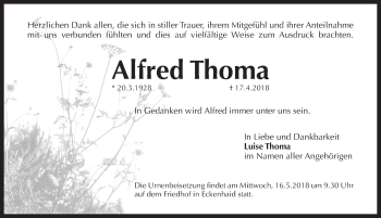 Traueranzeige von Alfred Thoma von Pegnitz-Zeitung