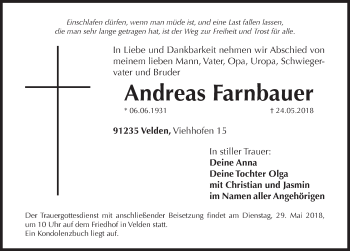 Traueranzeige von Andreas Farnbauer von Hersbrucker Zeitung
