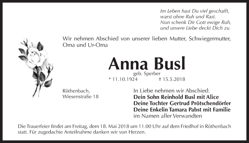  Traueranzeige für Anna Busl vom 17.05.2018 aus Pegnitz-Zeitung