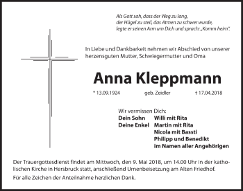 Traueranzeige von Anna Kleppmann von Hersbrucker Zeitung