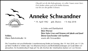 Traueranzeige von Anneke Schwandner von Hersbrucker Zeitung