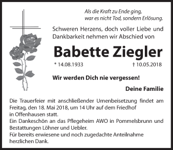 Traueranzeige von Babette Ziegler von Hersbrucker Zeitung