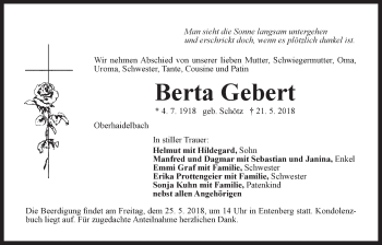 Traueranzeige von Berta Gebert von Der Bote